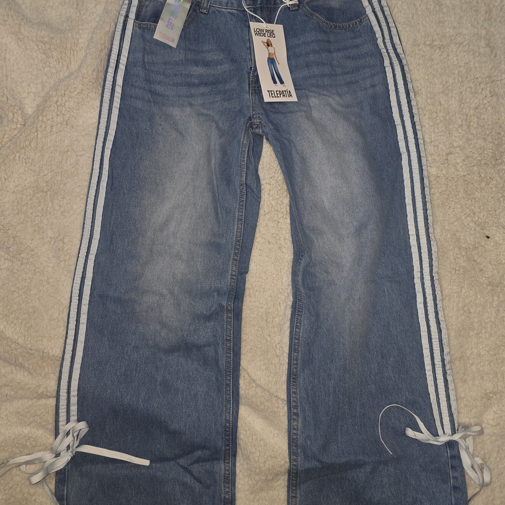 Trendy Blue Flare Jeans with White Stripes